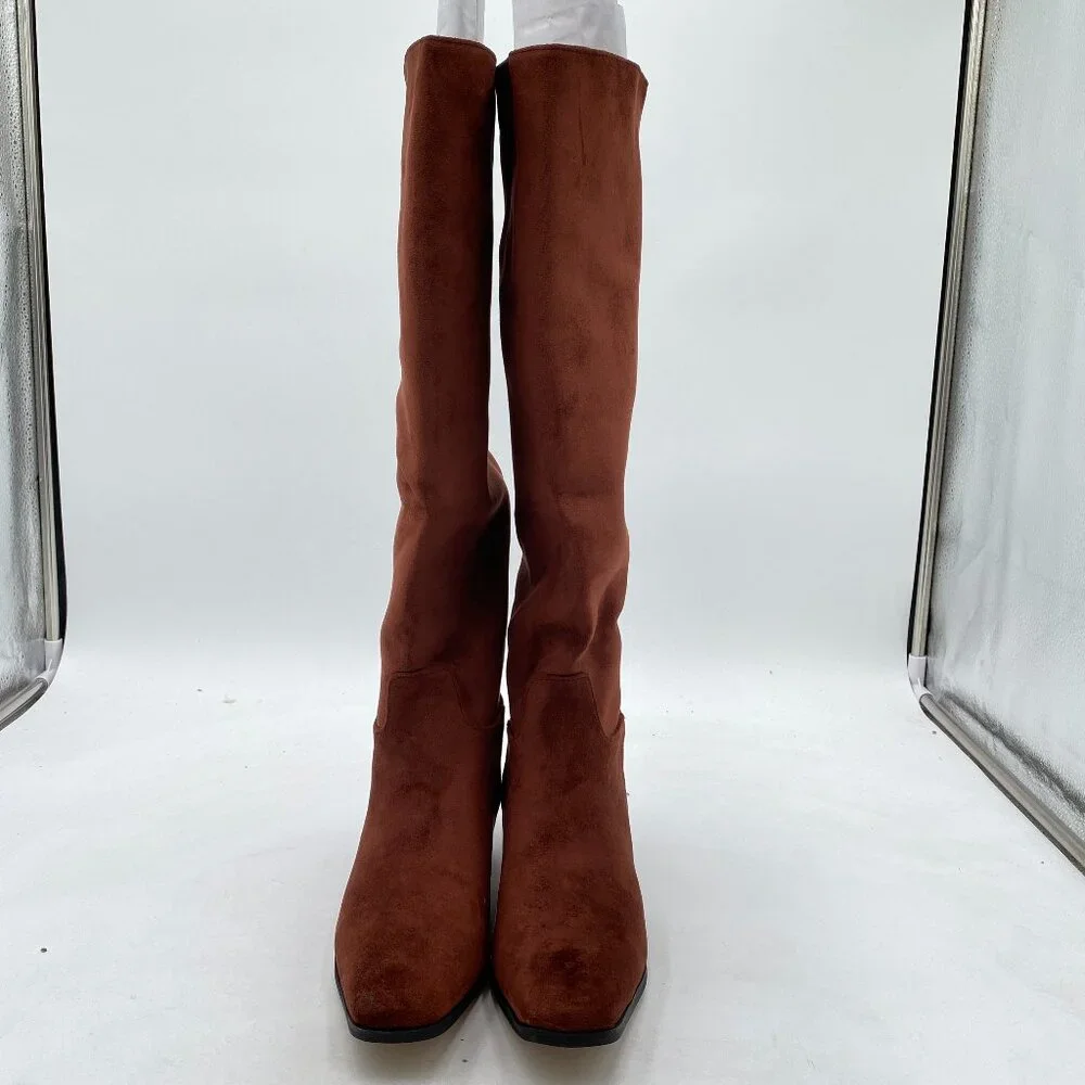 Brown Women Classic Over The Knee High Boots Square Toe Chunky Heel Long Booties